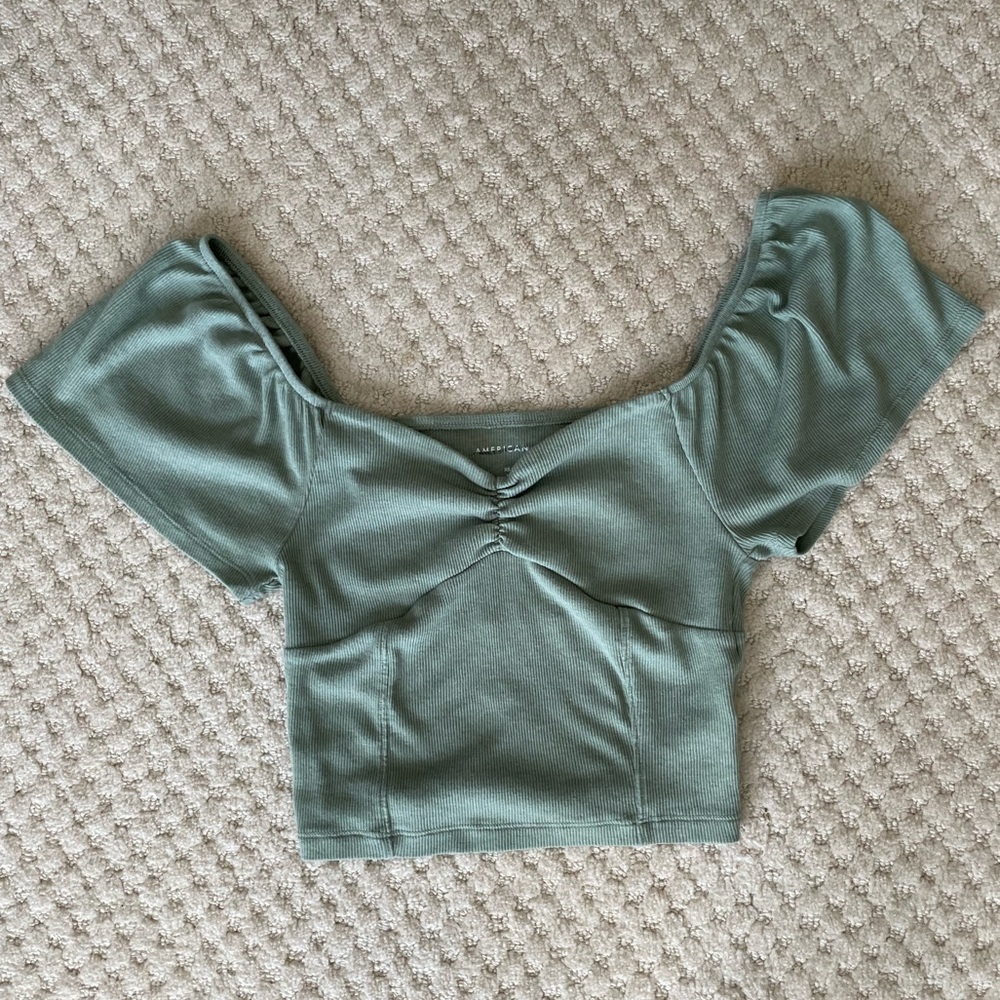 AE Bundle Cinched Front Flutter Sleeve & Ribbed Tank Crop Tops Sage Green XS - Picture 4 of 12